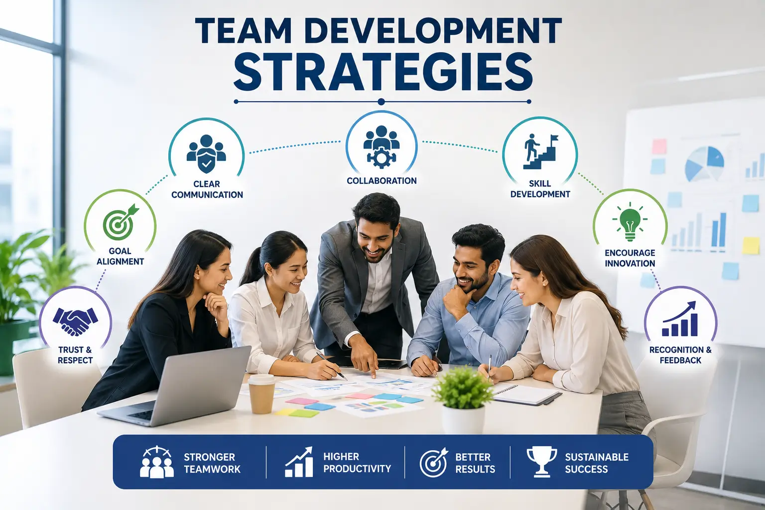 High‑quality educational banner for Team Development Strategies showing teamwork and leadership concepts