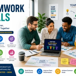 Educational banner for Teamwork Skills course with collaboration and group visuals