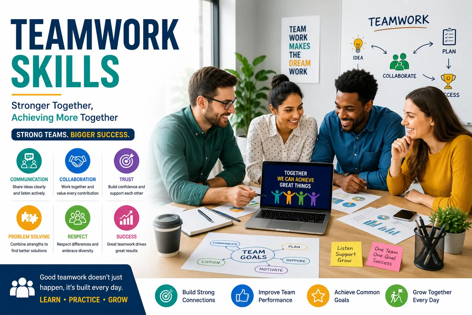 Educational banner for Teamwork Skills course with collaboration and group visuals