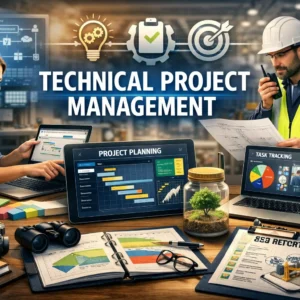 Educational banner for Technical Project Management course with planning and execution visuals