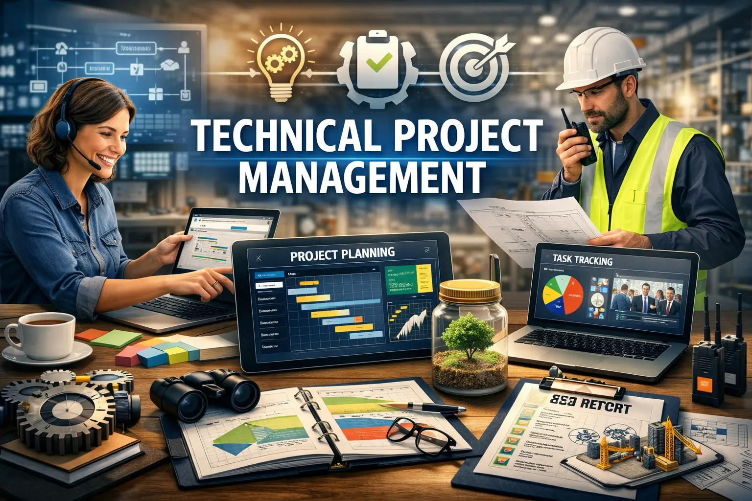 Educational banner for Technical Project Management course with planning and execution visuals