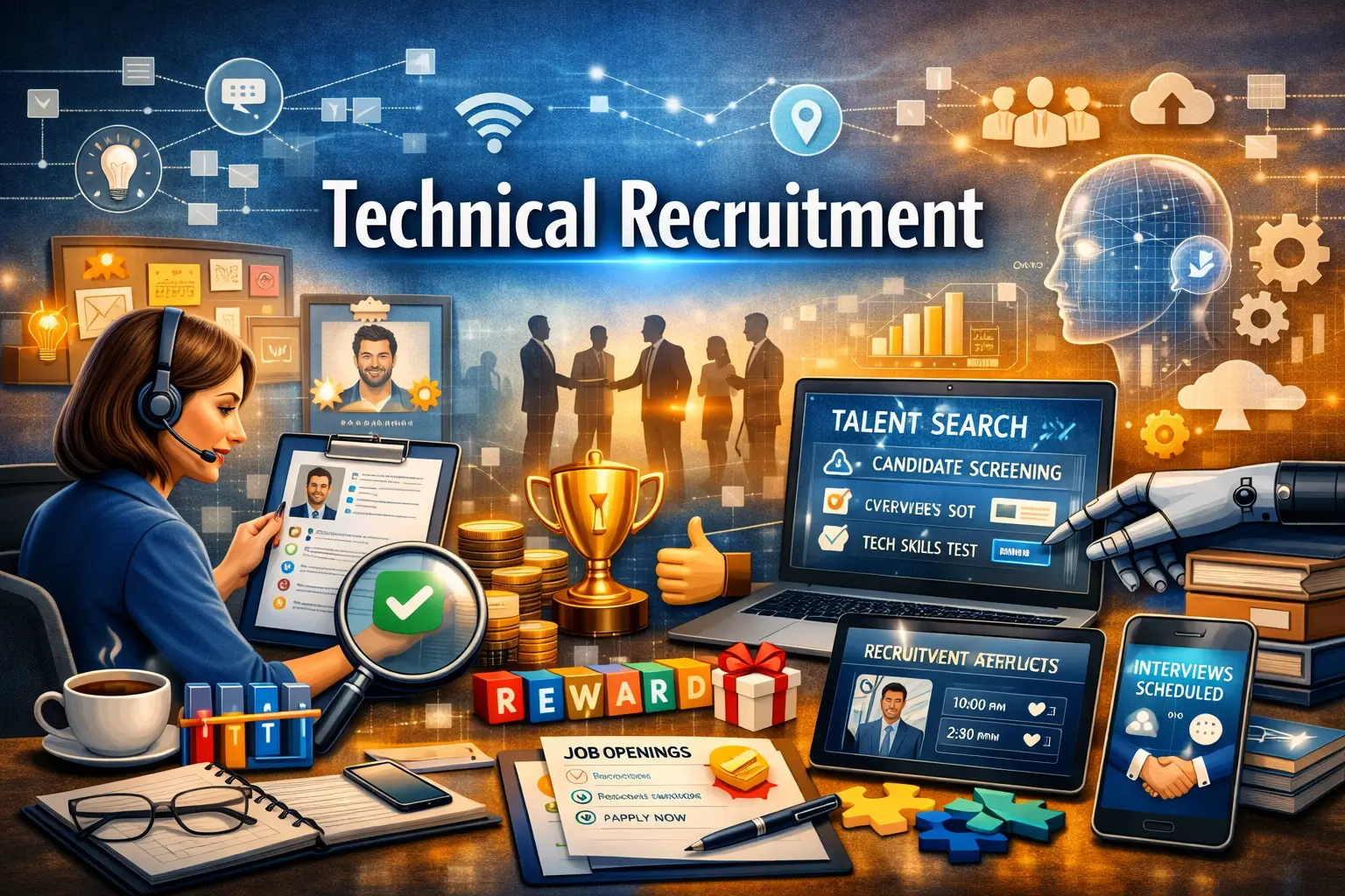 Educational banner for Technical Recruitment course featuring recruiter and digital hiring visuals