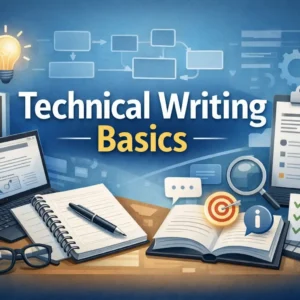 Educational banner for Technical Writing Basics course showing writing tools and structured documentation visuals