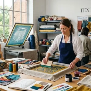 Professional Textile Design course image with fabrics, patterns, and design tools