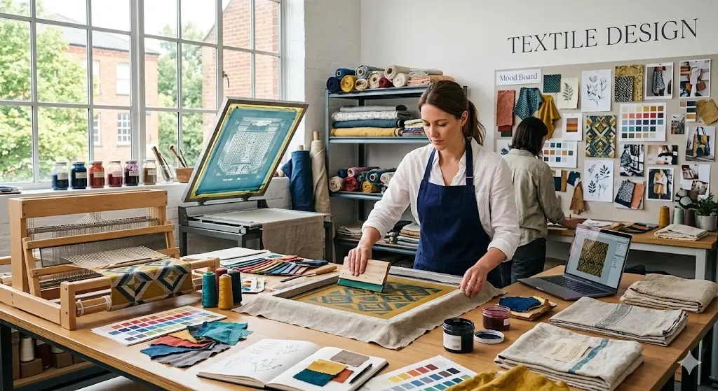 Professional Textile Design course image with fabrics, patterns, and design tools