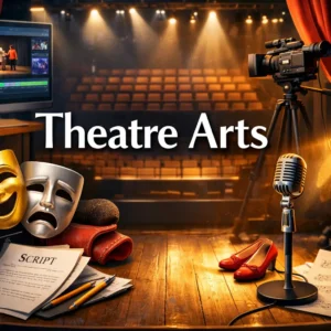 Theatre Arts course image with stage, masks, and spotlight