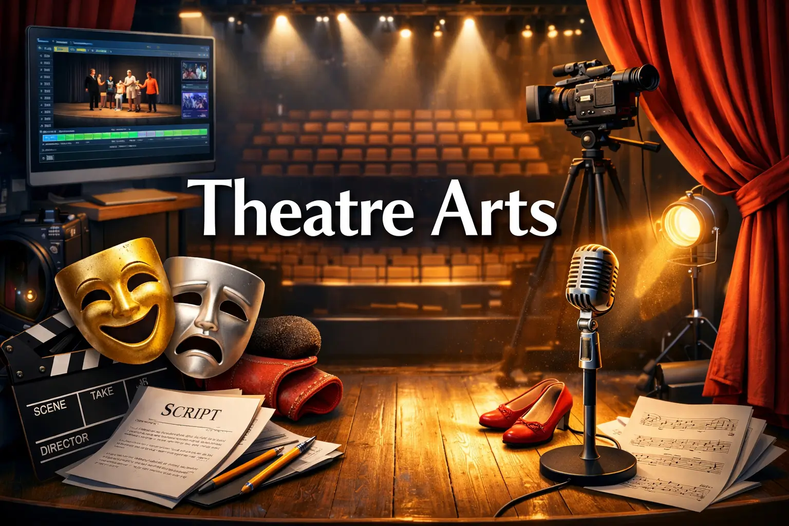 Theatre Arts course image with stage, masks, and spotlight