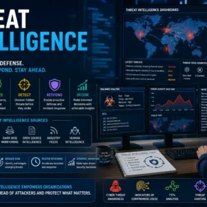 Educational banner for Threat Intelligence course with cybersecurity and data visuals