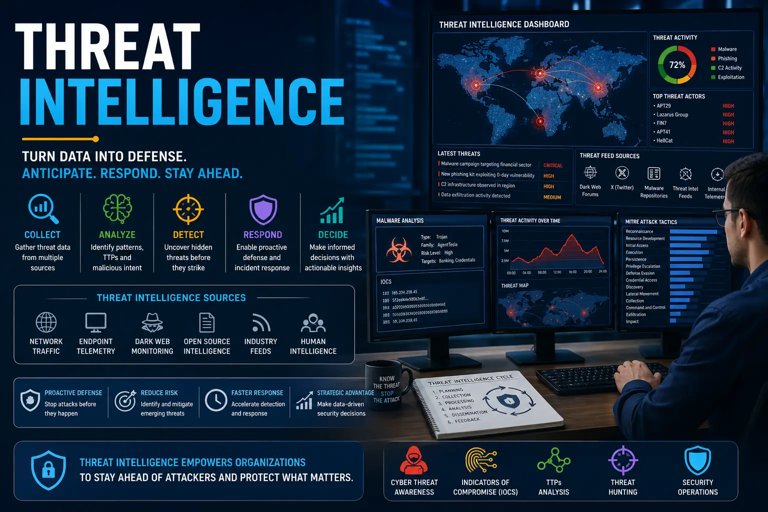 Educational banner for Threat Intelligence course with cybersecurity and data visuals