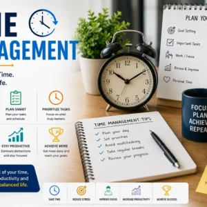 Educational banner for Time Management course with clock and productivity visuals