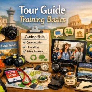 Educational course image for Tour Guide Training Basics with travel and guiding visuals