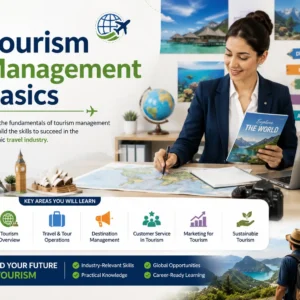 Educational course image for Tourism Management Basics with tourism and management visuals