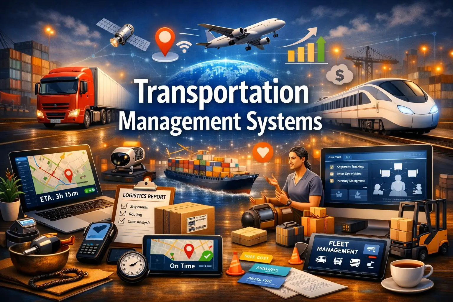 Professional Transportation Management Systems course image with logistics and transport visuals