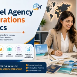 Educational course image for Travel Agency Operations Basics with travel agency visuals
