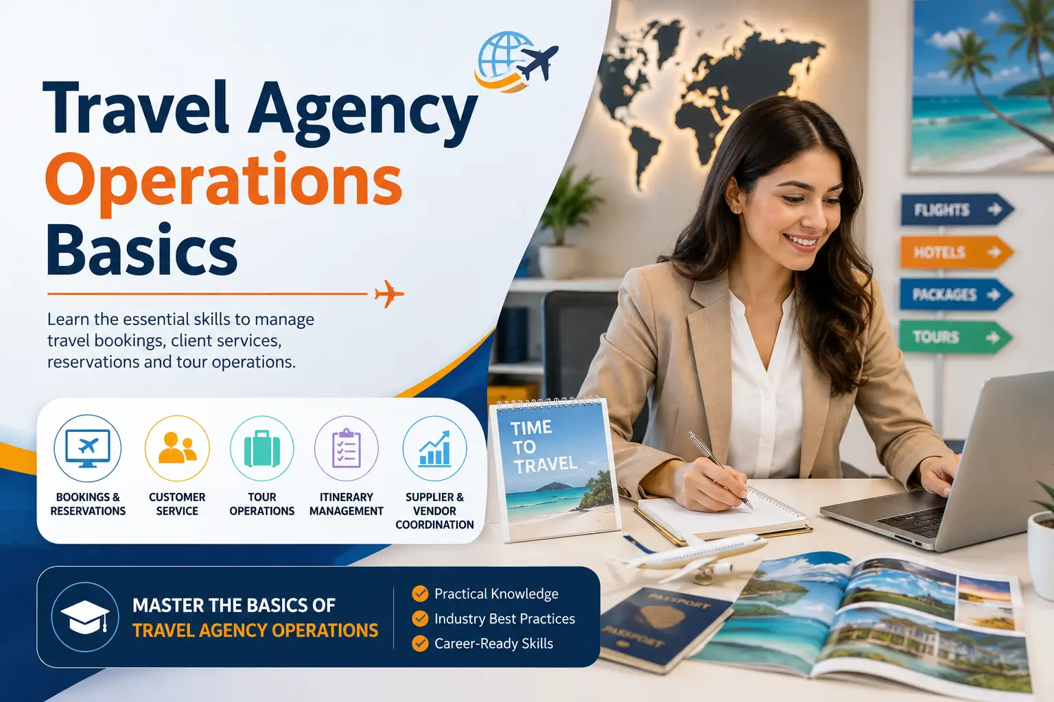 Educational course image for Travel Agency Operations Basics with travel agency visuals