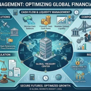 Educational banner showing Treasury Management with vault icons, currency visuals, and financial dashboards