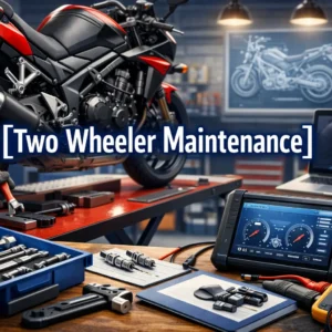 Two Wheeler Maintenance course banner showing motorcycle repair tools and workshop setup.
