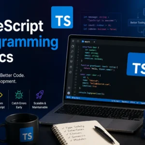 Educational banner for TypeScript Programming Basics course with coding and web development visuals