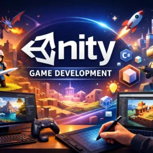 Professional Unity Game Development course image with 3D characters and coding visuals