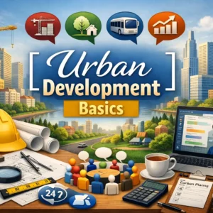 Educational banner for Urban Development Basics course with city planning visuals