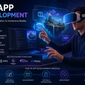 Professional VR App Development course image with headset and coding visuals