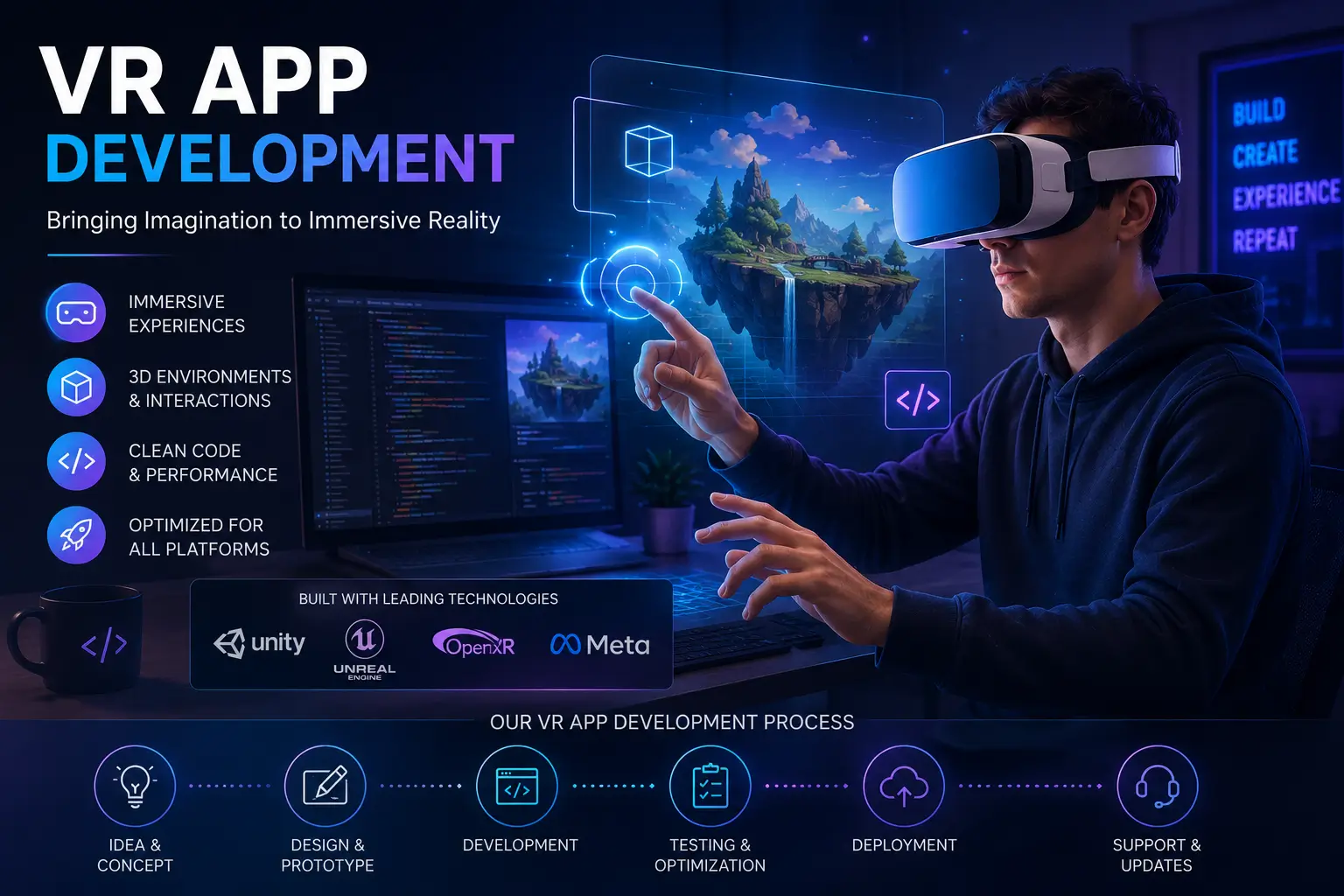 Professional VR App Development course image with headset and coding visuals