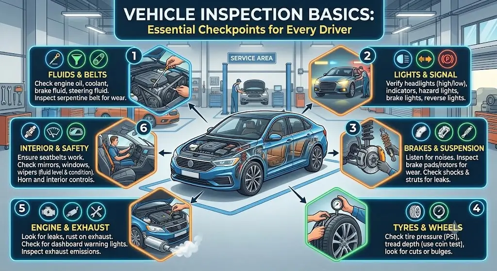 Professional vehicle inspection basics course design with automotive and safety visuals