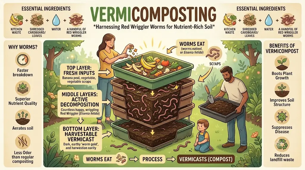 Educational banner for Vermicomposting course with composting and earthworm visuals