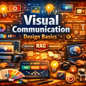 Professional Visual Communication Design Basics course image with creative design tools and visuals