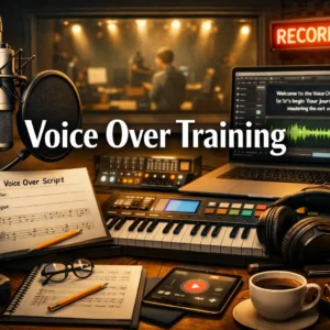 Voice Over Training course image with microphone, headphones, and recording setup