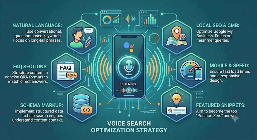 High-quality Voice Search Optimization banner with digital marketing and voice technology visuals