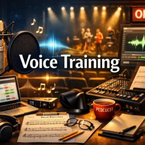 Voice Training course image with microphone, headphones, and sound waves