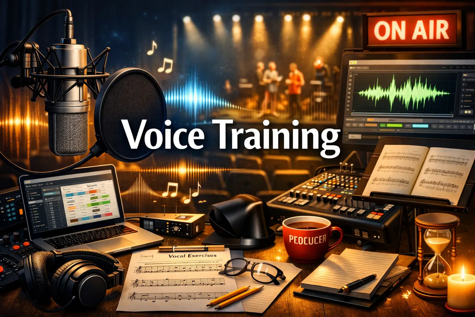 Voice Training course image with microphone, headphones, and sound waves