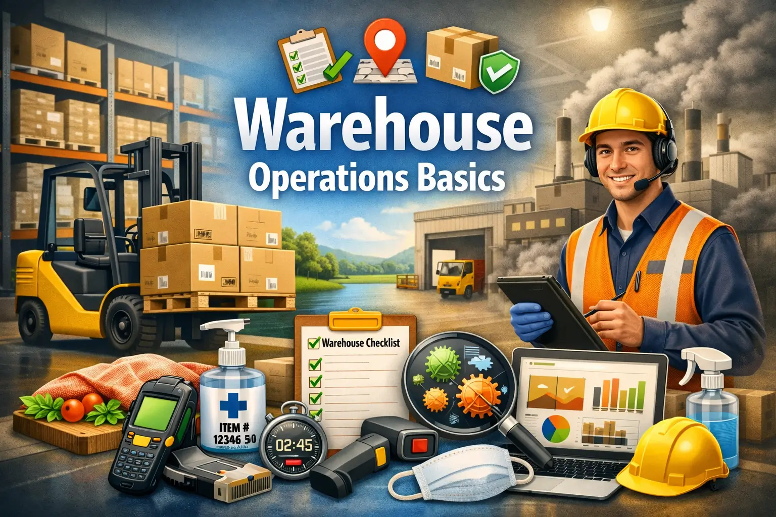 Professional warehouse operations basics course design with logistics and inventory visuals