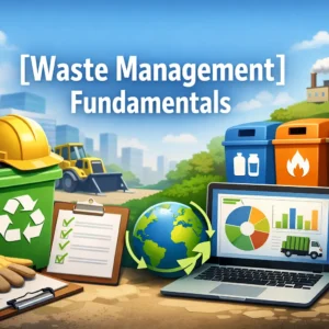 Professional waste management fundamentals course design with recycling and workplace visuals