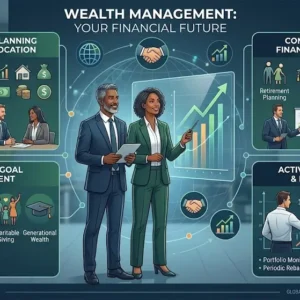 Educational banner showing Wealth Management with charts, portfolios, and financial security visuals