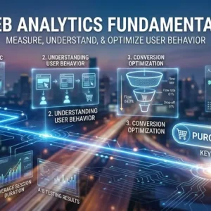 Professional Web Analytics Fundamentals course banner with dashboards and digital tools visuals