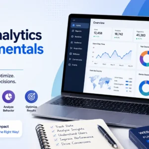 Educational banner for Web Analytics Fundamentals Basics course with charts and analytics visuals