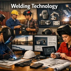 Welding Technology course showing students practicing welding and analyzing blueprints