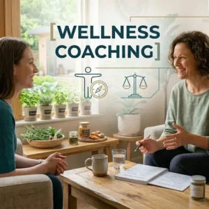 Educational banner for Wellness Coaching course with health and motivation visuals