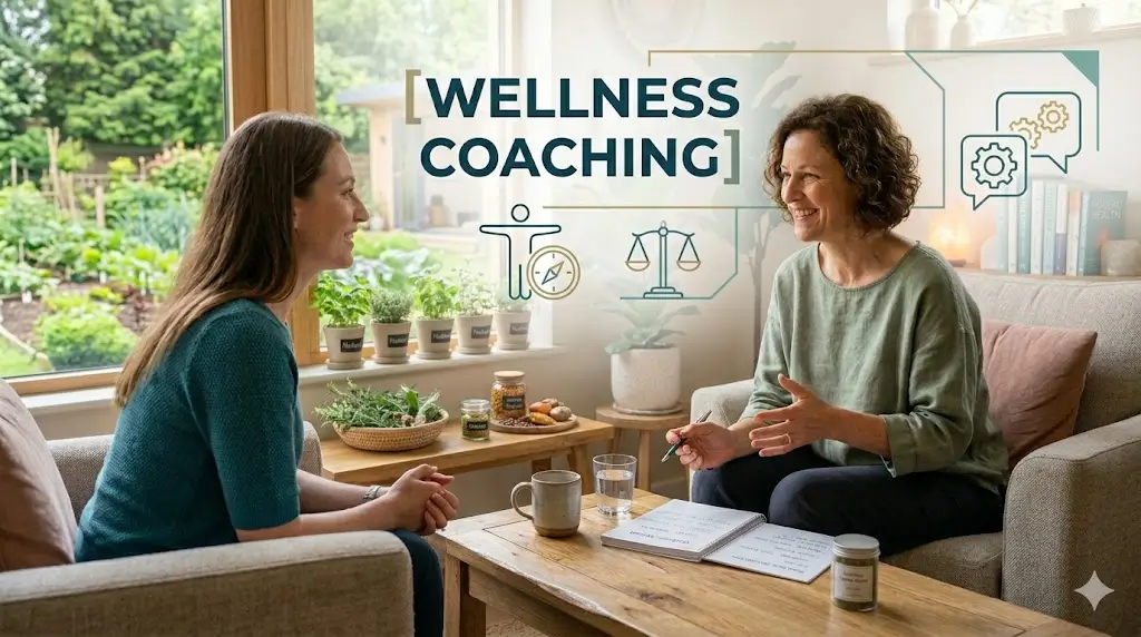 Educational banner for Wellness Coaching course with health and motivation visuals