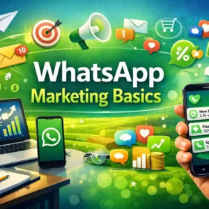 Educational banner for WhatsApp Marketing Basics course showing phone and marketing icons