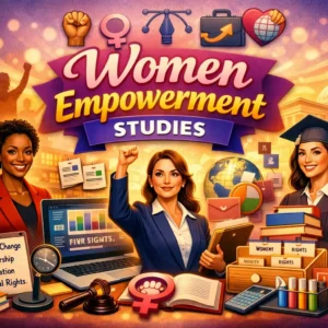 Educational banner for Women Empowerment Studies course featuring women leaders and empowerment symbols