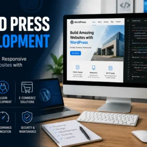 Educational banner for WordPress Development course with coding and CMS visuals