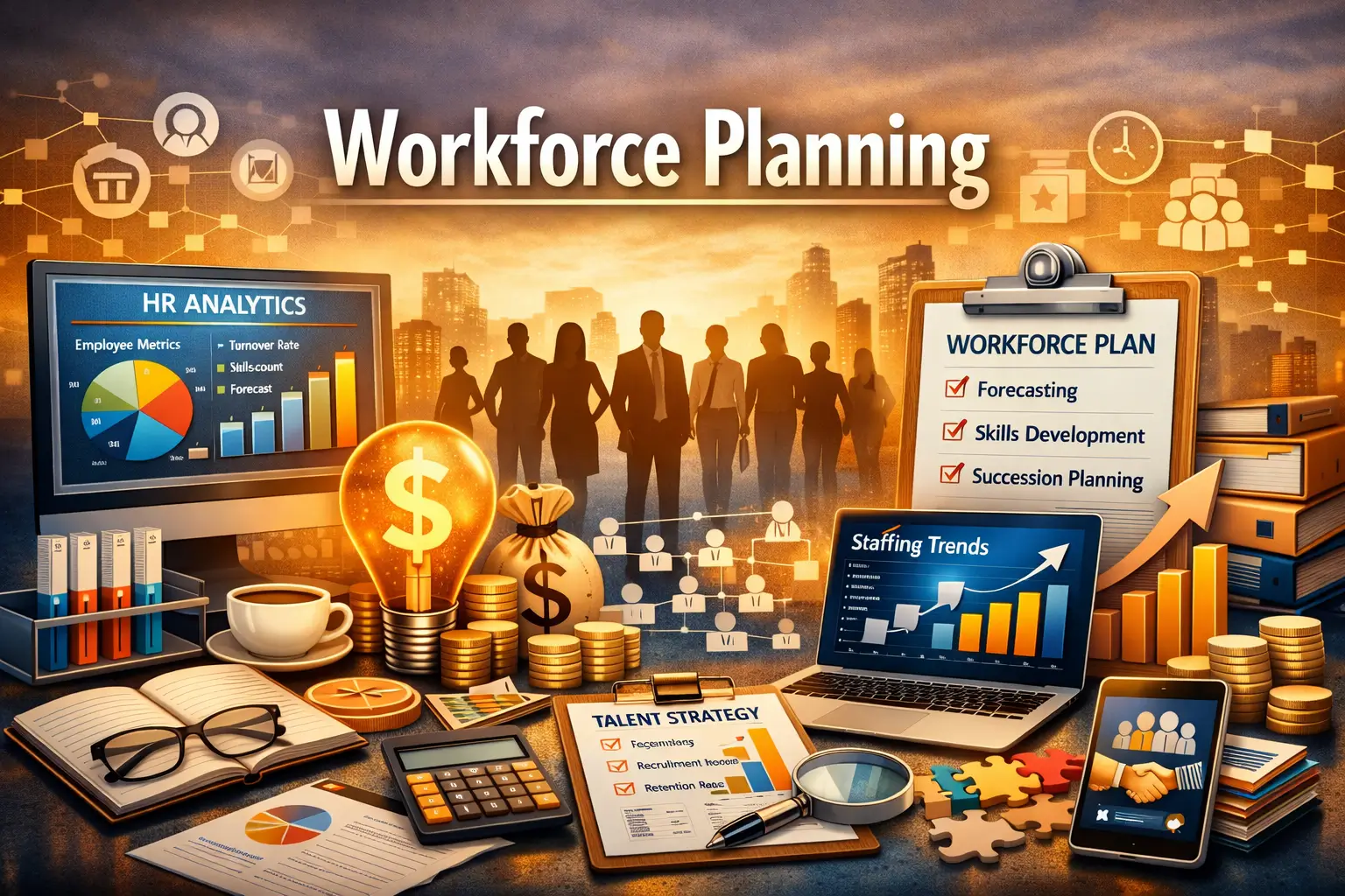 Educational banner for Workforce Planning course featuring HR analytics and planning visuals