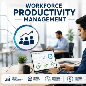 Educational banner showing Workforce Productivity Management with professionals using productivity dashboards and task tools
