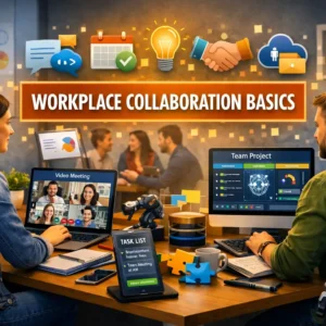 High-quality educational banner showing Workplace Collaboration Basics course with teamwork and communication visuals