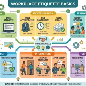 Professional Workplace Etiquette Basics course image with office manners and professionalism visuals
