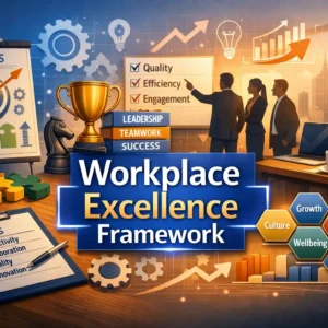 Educational course image for Workplace Excellence Framework with teamwork and leadership visuals