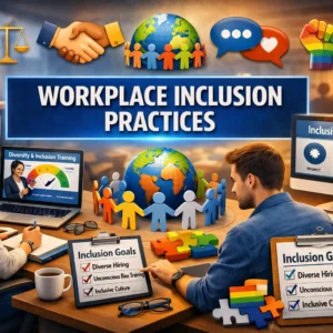 High‑quality educational banner for Workplace Inclusion Practices showing diversity and inclusion concepts
